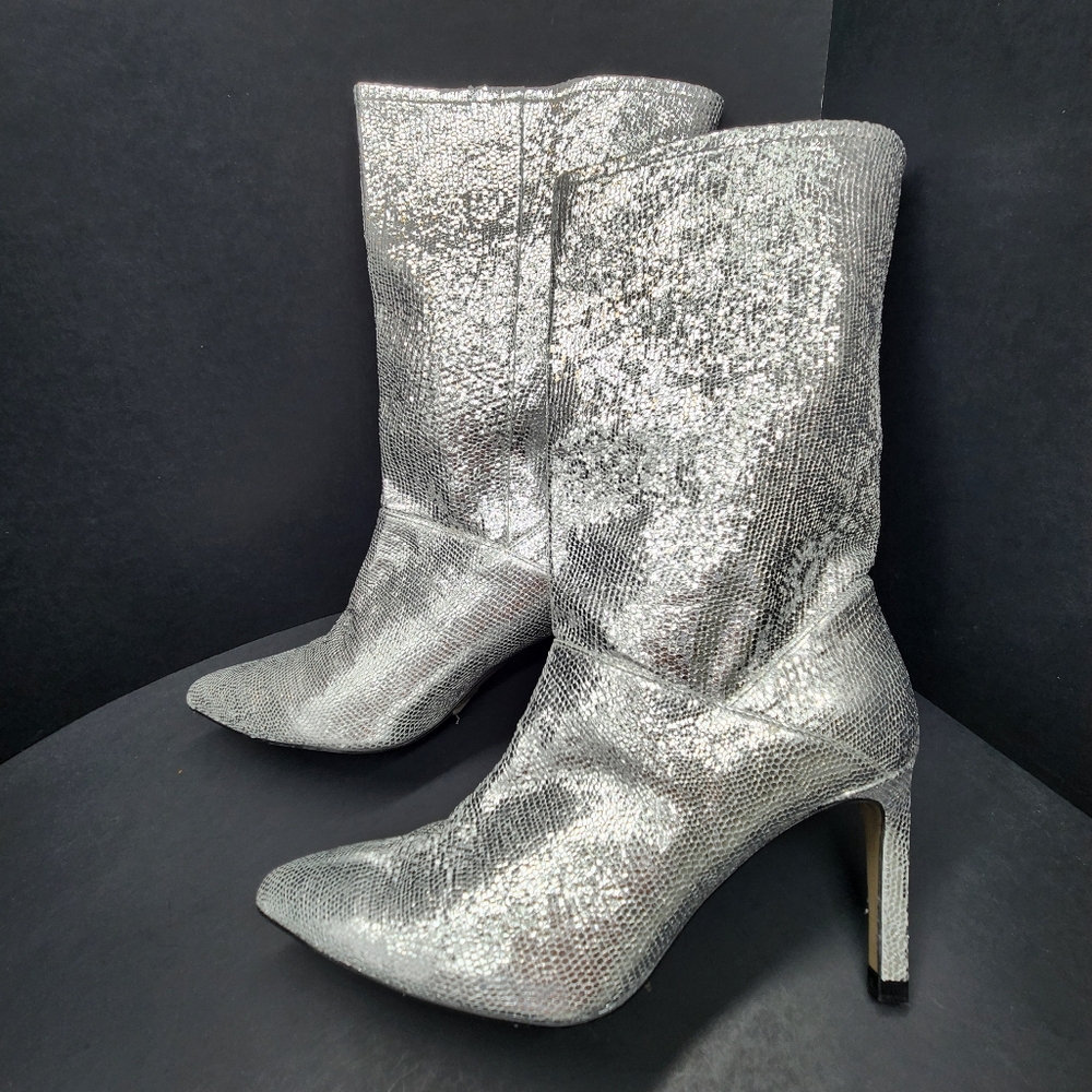 All Saints Heeled Boots 8 Silver Leather Orlana Shimmer Pointy Metallic New $349